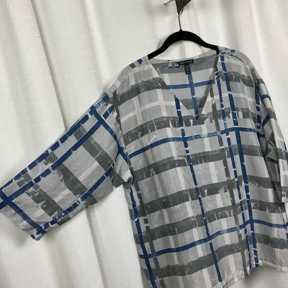 Eileen Fisher Gray&Blue Silk 3/4 Sleeve Boxy Fit Blouse Sz.M - Picture 4 of 8